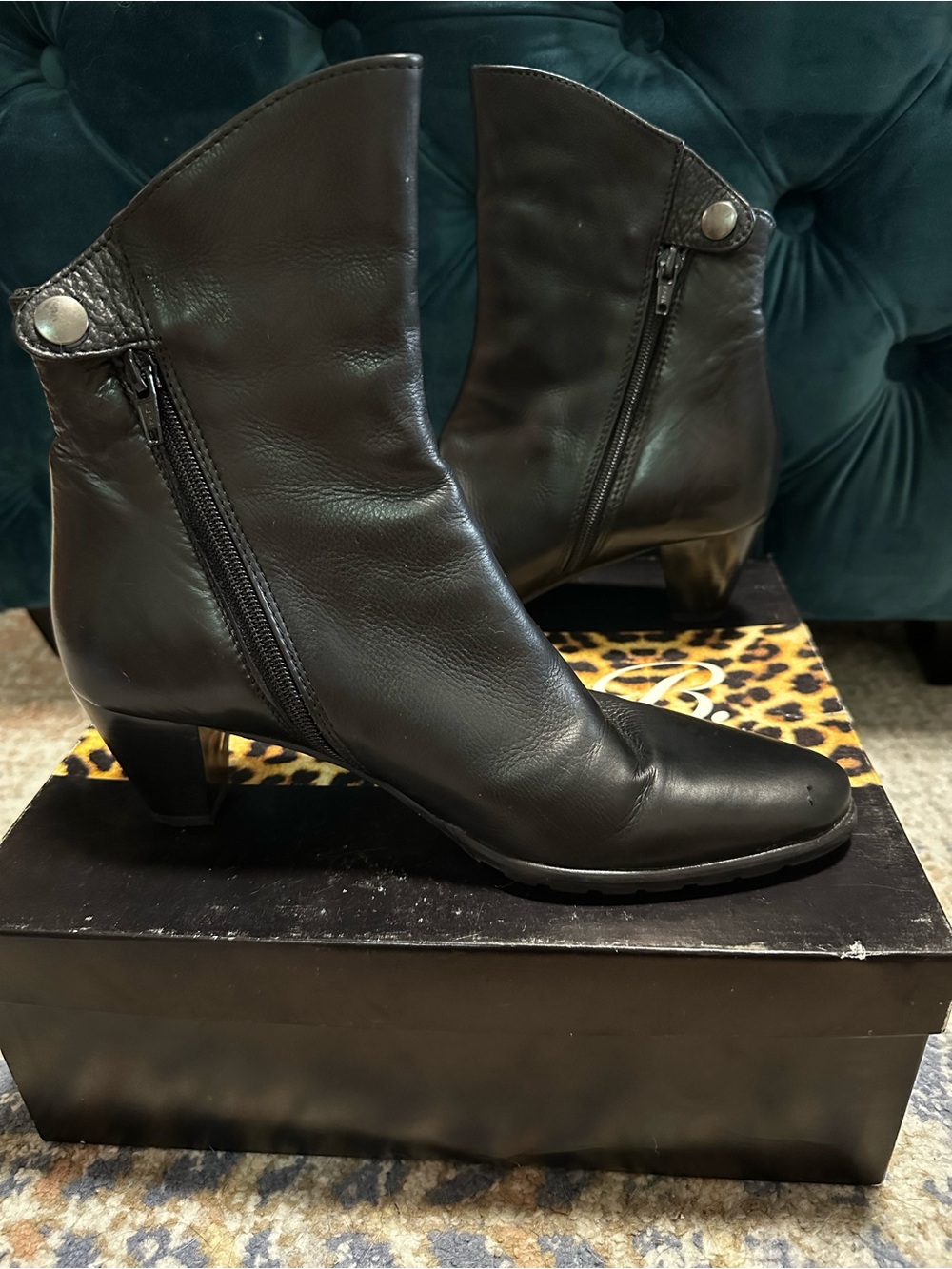 Diane B Classic Black Leather Ankle Boots with Side Zipper and Snap Closure